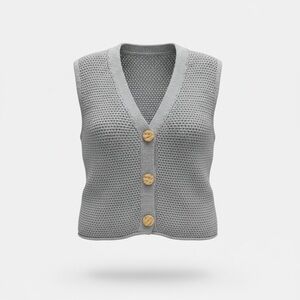 Gray Knit Cardigan Vest with Gold Buttons